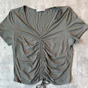 olive green rouched crop top y2k tie front shirt short sleeve rave festival L